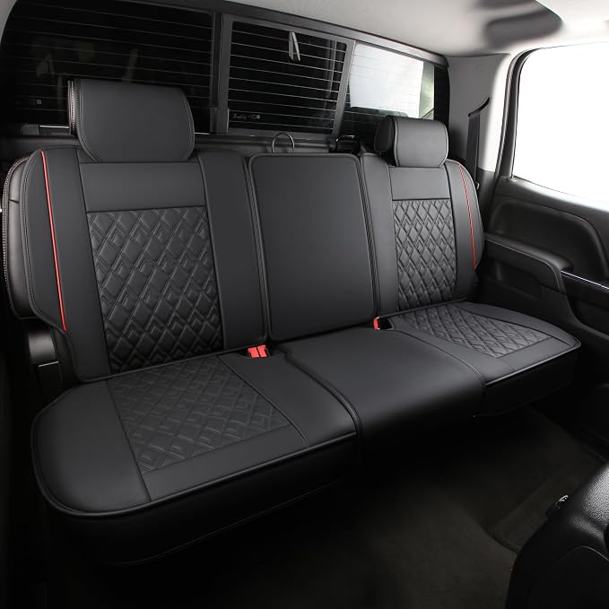 Chevy Silverado Seat Covers,Leather Seat Covers for GMC Sierra,Custom Fit 2007-2026 1500 2500HD 3500HD Crew Double Extended Regular Cab,LT LZT RST(Rear Seat Covers,Black Red) - Image 2