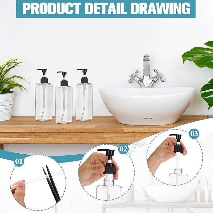 Didaey 8 Pcs Empty Shampoo Bottles with Pump 16 Oz Plastic Soap Dispenser Refillable Body Wash Bottles for Bathroom, Kitchen Sink, Hotel, Salon(Transparent, Black) - Image 4