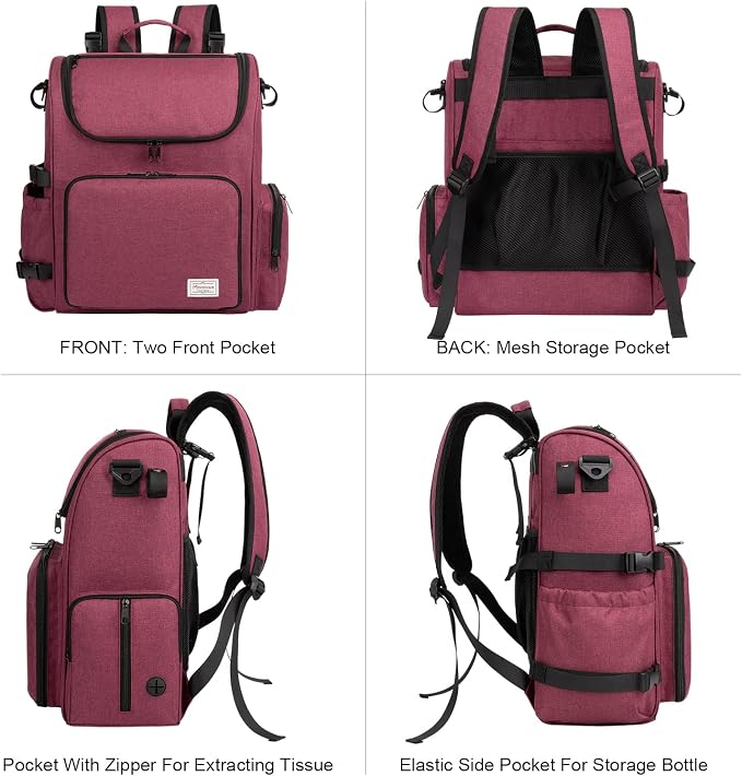 Modoker Multi-Compartment Dog Travel Backpack for Pet Supplies, Rose Red | Dog Travel Accessories Organizer with 2 Food Bags, 2 Bowls, Quick-Access Pockets, Tissue Opening, Luggage Sleeve, Feeding Mat - Image 2