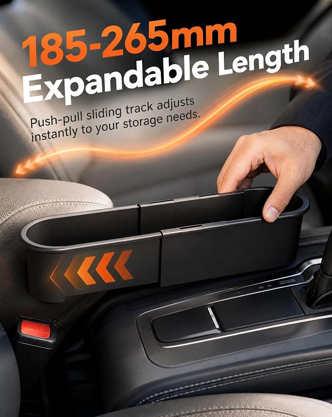 2-Pack Expandable Car Seat Gap Organizer, Adjustable 185-265mm | Driver & passenger side pockets, sliding gap storage box, fits phone keys wallet, seat gap filler set, stop drops - Image 3