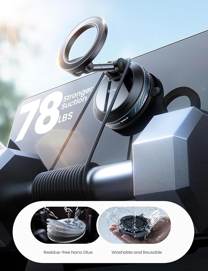 Lamicall Car Phone Holder for Magsafe Dashboard Windshield Nano Gel Vacuum | 20X Magnetic Phone Holders for Your Car 360° Suction Cup Phone Mount for iPhone 17 16 15 14 13 12 Pro Max Gift Truck Black - Image 4