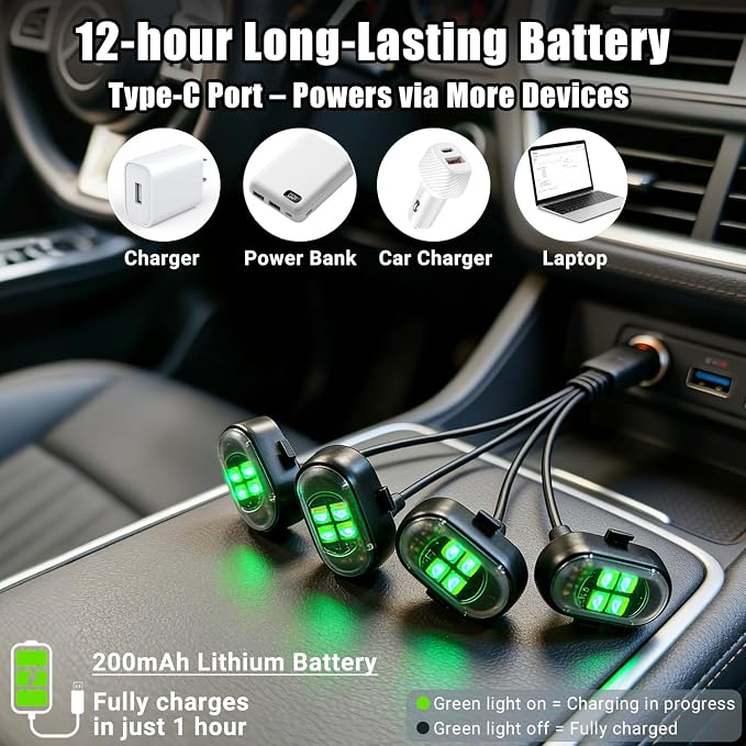Wireless LED Lights for Car, Rechargeable Interior Car Lights | Remote Control, 8 Colors, 10 Modes, 3 Brightness Levels, USB-C Accent Lights for Car, Truck, Motorcycle & Bike - Image 2
