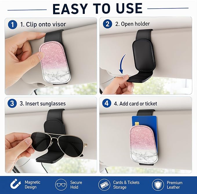 Leather Magnetic Sunglass Holder for Car Sun Visor, Cute Eyeglass Ticket Card Hanger Clip, Universal Auto Interior Accessories for SUV Pickup Truck, Pink Marble - Image 5
