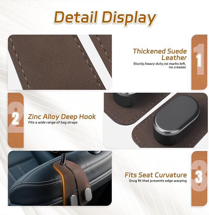 Car Seat Headrest Hooks, 2PCS Universal Car Purse Hook Leather Car Bag Hook | Brown Car Bag Purse Holder with Double Metal Hooks for Handbags, Grocery Bags, Bottles, Phones - Image 5