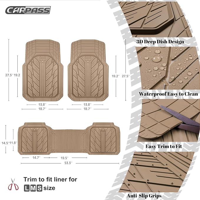 CAR PASS Heavy Rubber Car Floor Mats, Deep Waterproof Car Mats All Weather, Universal Trim-to Fit Automotive Floor Mats for Car SUV Truck Van, Durable Floor Liners All Beige - Image 3