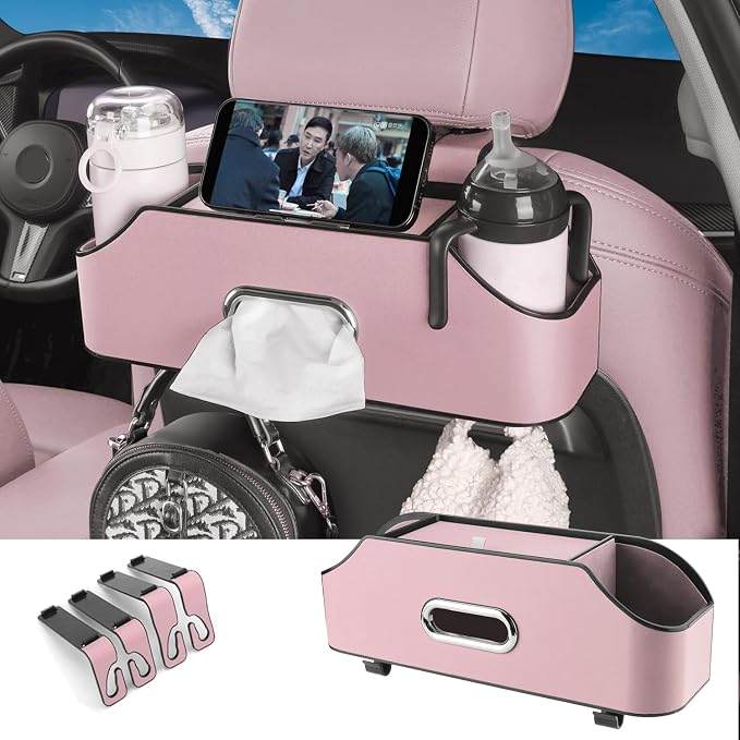 HOLDCY Car Back Seat Organizer with 2 Cup Holders, Tissue Storage, Pink | Rigid ABS Frame With Pu Leather, Dual Hooks And Tool-Free Mounting For Cars, Suvs And Trucks With Separate Headrest Posts by HOLDCY