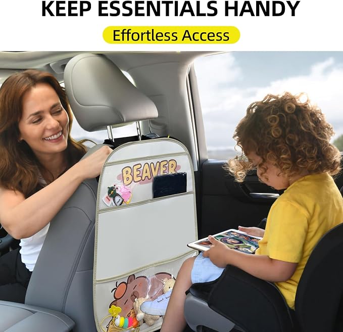 kids Leather Car Backseat Organizer with Foldable Table Tray, Car Storage Organizer with Tablet Holder, Car Seat Back Protectors Kick Mats, Travel Accessories (Capybara) - Image 7
