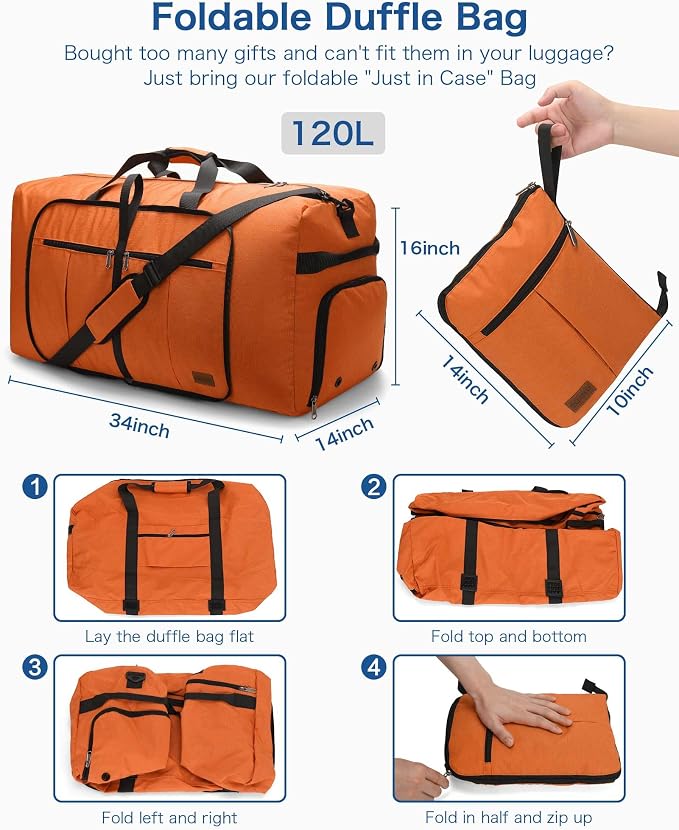 120L Foldable Waterproof Travel Duffel Bag for Men and Women with Shoe Compartment (Orange, EXTRA LARGE, 120L) - Image 2