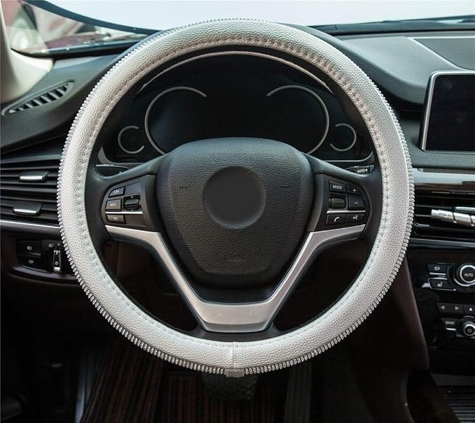 New Diamond Leather Steering Wheel Cover with Bling Crystal Rhinestones | Universal Fit 15 Inch Car Wheel Protector for Women Girls Silver - Image 2