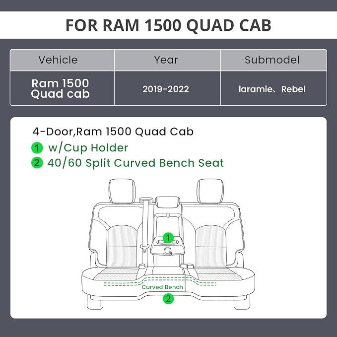 EKR Ram 1500 Seat Covers Custom Fit for (Quad Cab) RAM 1500 Laramie/Rebel 2019 2020 2021 2022,Waterproof Black Car Seat Cover for Trucks Full Set-Faux Leather(Black with Red Piping) - Image 2