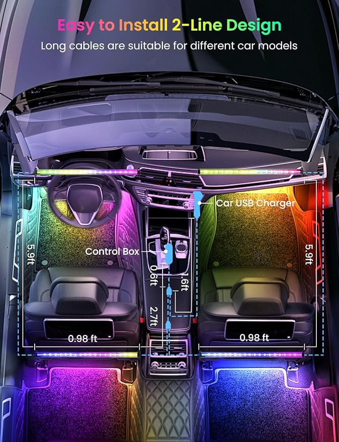 Pak Smart RGB+IC Car LED Lights, 72 LED 16 Million Colors Interior Light | Under Dash Car Strip Light with Music Mode and DIY Mode, 2 Lines Design with Charger, Ambient Lighting for Cars SUVs Trucks - Image 6