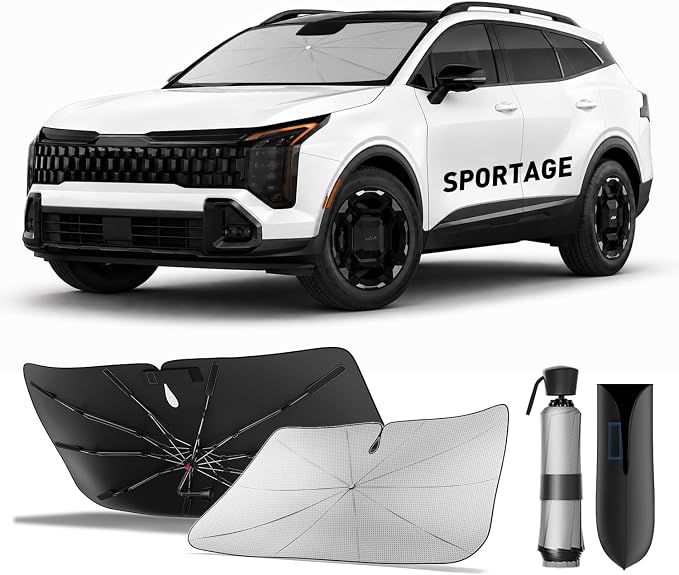 Zanch Windshield Sun Shade Umbrella: 3D Scan Custom Fit for Kia Sportage 2005-2026 [99% UV Protection, Up to 75℉ Cooler] Reflective Heat Shield, Foldable Front Sunshade Umbrella, Car Accessories by Zanch
