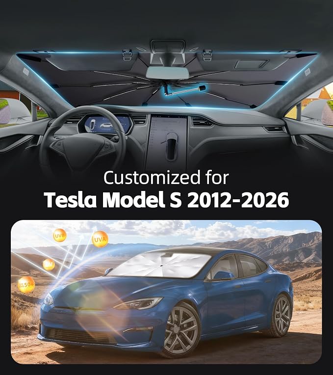 Windshield Sun Shade for Tesla Model S 2012-2026 with 360° Rotating Shaft | Custom Fit Umbrella Sunshade for UV Blocking, Interior Heat Protection, Easy Storage, UPF 50+ Cool Windshield Cover - Image 2