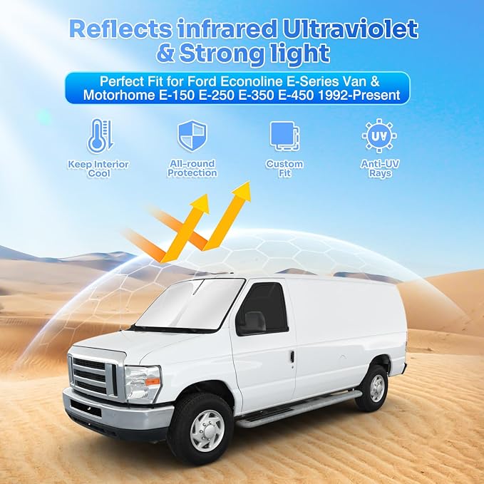 Canvcle Window Shades for 1992-2025 2026 Ford Econoline E-Series Van & Motorhome E-150 E-250 E-350 E-450 Accessories Windshield Sun Shade Side Window Covers Sun Shield Privacy for Camping Black 3PCS - Image 2