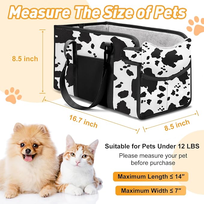 Portable Dog Car Seat for Small Dogs, Puppy Car Seat, Cow Pattern | Booster Seat With Safety Leash & Adjustable Straps Keeps Small Dogs Secure. Removable Washable Cushion. Fits Most Cars. - Image 2