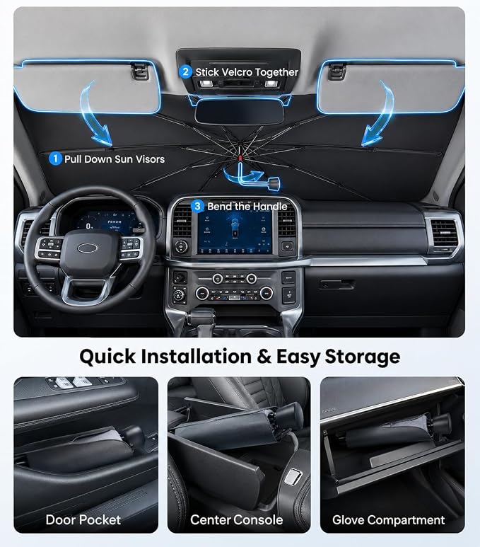Zanch 2026 Upgraded Windshield Sun Shade Umbrella: Custom Fit for Dodge RAM 1500 2500 3500 2019-2026 Front Window Sunshade, Block UV Rays & Keep Car Cool, 1:1 Scan for RAM 1500, No Gaps & No Scratches - Image 8
