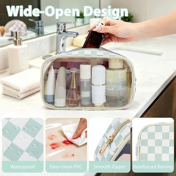 Fammart Clear Travel Makeup Bag for Women, TSA Approved Checkered Cosmetic Bag Make Up Car Organizer Case with Zipper, Large Waterproof Pouch Purse Toiletry Bag for Skincare, Brushes Travel Essentials - Image 4