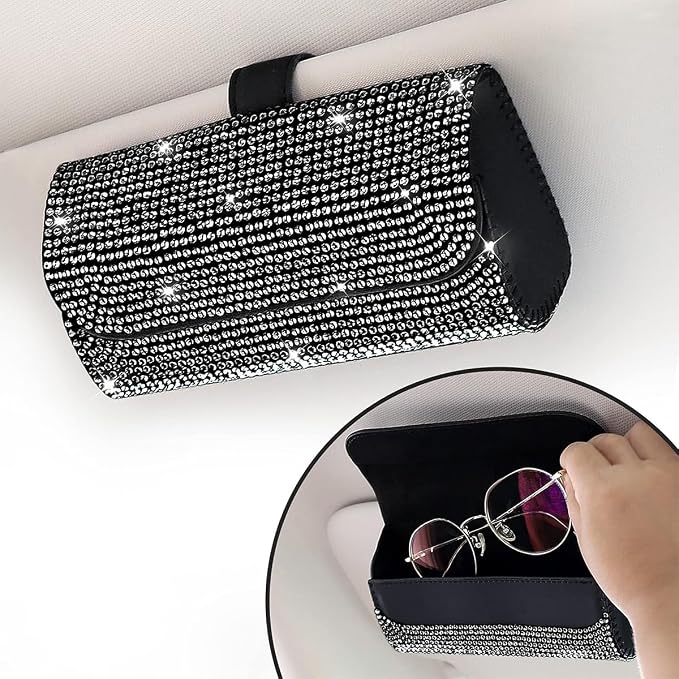 Osilly Bling Car Sunglass Holder for Sun Visor, Sparkling Crystal Leather Automotive Eyeglasses Mount Clip Organizer with Hidden Magnetic Closure for Men Women, Universal for SUV Truck Van（Black） - Image 6