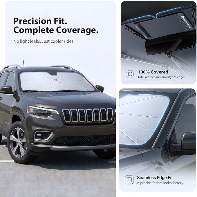 2026 Upgraded Windshield Sun Shade Umbrella for Jeep Cherokee [Precision Custom Fit, Superior UV & Heat Block] Cooling Tech Fabric, Durable Foldable with Storage Bag, Fits 2000-2001, 2014-2023 - Image 5