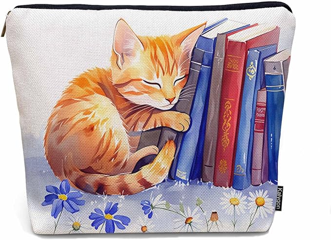 Cat Cosmetic Travel Bag For Toiletries, Funny Cat Kitten Sleep Floral Library Bookshelf Makeup Bag Toiletry Bags For Women, Flax Cosmetic Bags Make Up Bag Purse Toiletries Bag Birthday Gift by Unknown