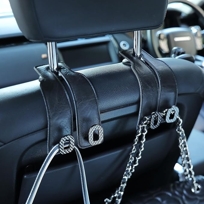 Car Headrest Hooks Universal Car Purse Hook Premium Leather and Alloy Twin Hook Car Seat Back Storage Hanger Hook for Purse Bags Cloth Drink Durable Holder Car Accessories (BH09-Black-Black-4 Pcs) - Image 2