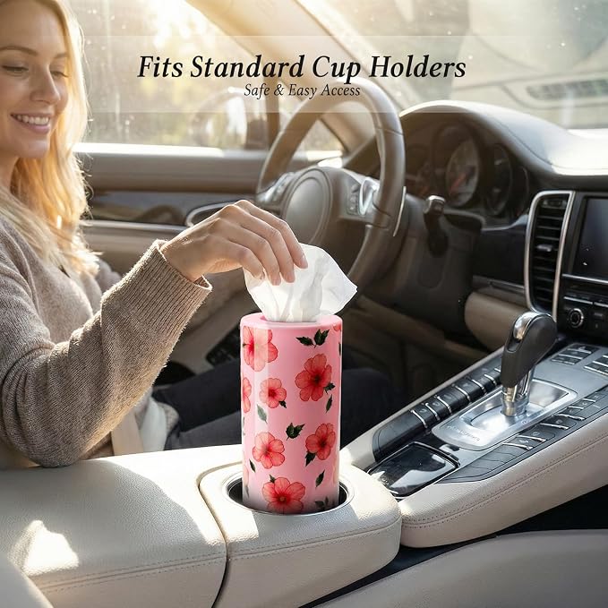 Car Tissues Cylinder for Cup Holder - Refillable Round Tissues Canister with 2 Packs Tissue - Cute Tropical Floral Car Interior Accessories for Women & Men - Hawaiian Style Cars Decor (Pink Hibiscus) - Image 3
