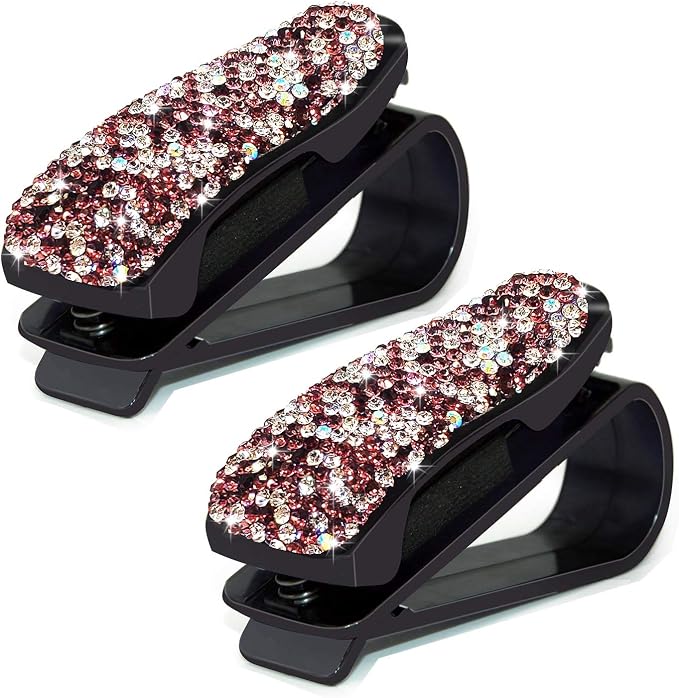 Glasses Holders for Car Sun Visor, 2 Pack Bling Crystal Rhinestones Fashion Car Eyeglasses Sunglasses Hanger Mount with Ticket Card Clip for Women Girls (Purple) by CHIMUYU