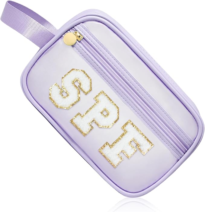 COSHAYSOO Clear Sunscreen Bag Makeup Toiletries Pouch Beach Vacation Essentials Summer Travel Stuff Accessories Personalized Graduation Gifts for Her Women College Teen Girls Teacher Nurse Purple SPF by COSHAYSOO