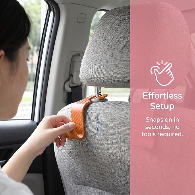 4 Pack Headrest Hooks for Vehicle Seats, Carbon Fiber/Orange | rear-row hanging storage, supports bags coats and groceries, fits matching headrest posts, interior accessory - Image 4