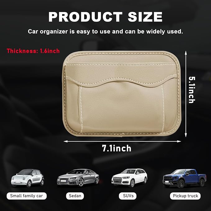 povtii Car Seat Side Pocket Organizer, PU Leather Cell Phone Sunglasses Storage Pocket, Mini Seat Gap Filler Pouch for Auto Seat Door Window Console, Interior Car Accessories (Beige) - Image 2