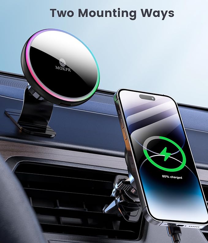 for Magsafe Car Mount Charger 15W LED RGB Car Phone Holder for Dash Vent | HandsFree Magnetic Wireless Car Charger Car Mount Fast Car Charger for iPhone 17 16 15/14/13/12 Series - Image 2