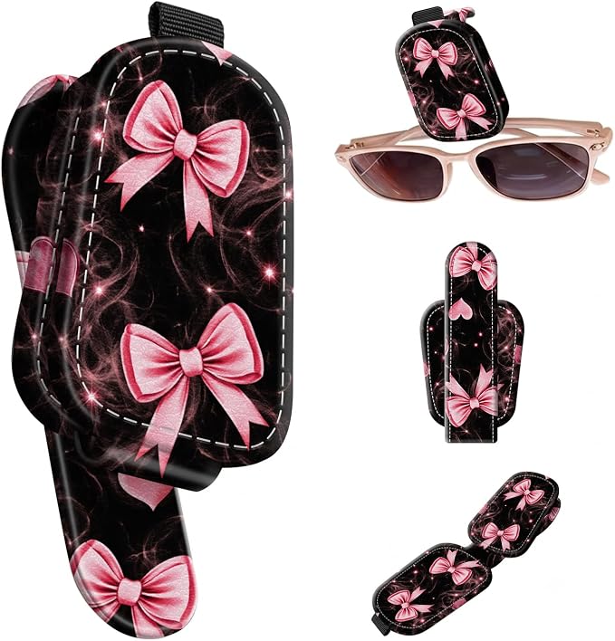 Sunglasses Holder for Car Visor, PU Leather Glasses Clip Organizer, Cute Magnetic Eyeglass Holder for Vehicle Sun Visor, Car Interior Accessory for Women & Men, Pink Ribbon by Unknown