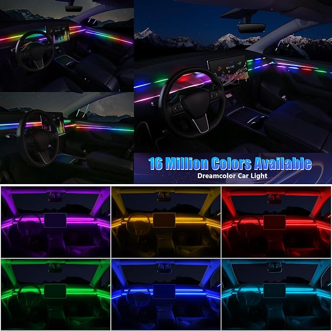 Acrylic Interior Car LED Strip Light with Wireless APP, RGB Dreamcolor 6 in 1 with 175 inches 600 LEDs Fiber Optic Strip Lights for Car, Dynamic Chasing Sound Active Neon Car Ambient Lighting Kits - Image 3