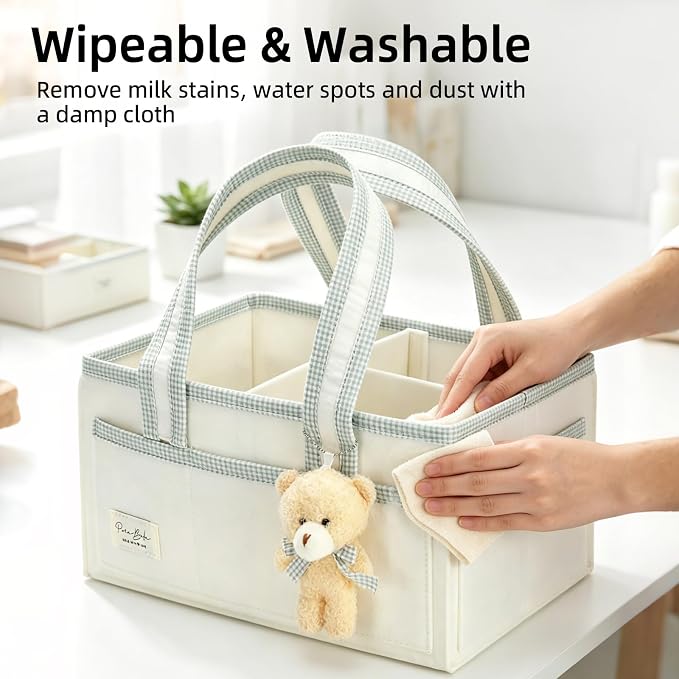 Portable Diaper Caddy Compatible with Skip Hop, Foldable Nursery Storage Tote with Removable Divider, Side Pockets & Cute Bear Pendant for Changing Table, Car & Home - Image 6