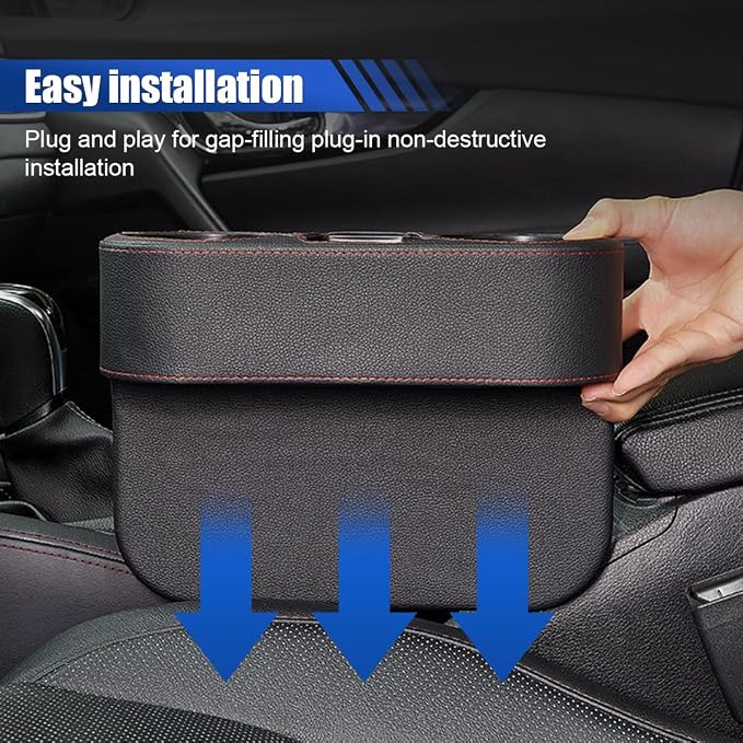 KITUREK Car Cup Holder, PU Leather Cover Auto Front Seat Organizer, Black | Multifunctional Cup Drink Holder, Gap Filler Coin Bucket Storage Box, Console Side Pocket, Cell Mobile Phone Holder - Image 7