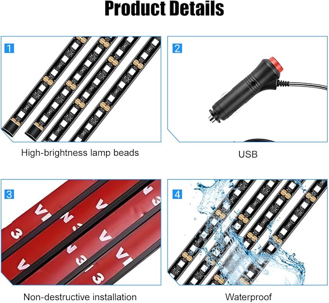 Car LED Strip Light, 12V 48 LED Vehicle Under Dash Neon Ambient Night Decor Lamp with Cigarette Lighter Plug, Automotive Interior Lighting Accessories, Universal for SUV Truck Sedan (Blue) - Image 4