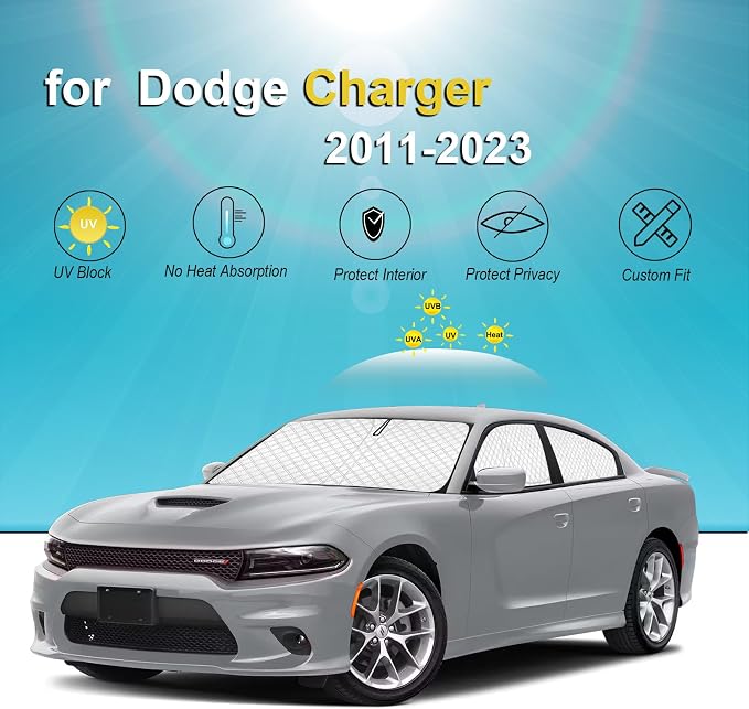 KMF 6pcs Thicken Sun Shades for Dodge Charger 2011-2023 Accessories, Full Car Window Covers Sunshade for Windshield Side Rear, UV Block Black Out Privacy for Car Camping with Storage Bag - Image 2