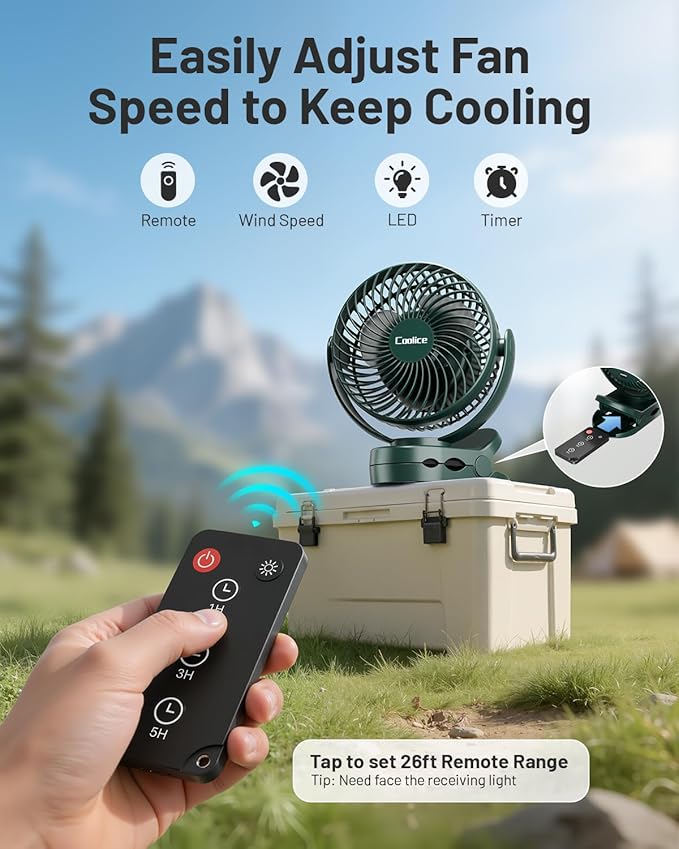 Camping Fan with Remote Control - 12000mAh Rechargeable Battery Powered Fan, Camping Fans for Tents with LED light & Hanging Hook, Rechargeable Battery Operated Ceiling Fans for Tent RV Bed, Green - Image 4