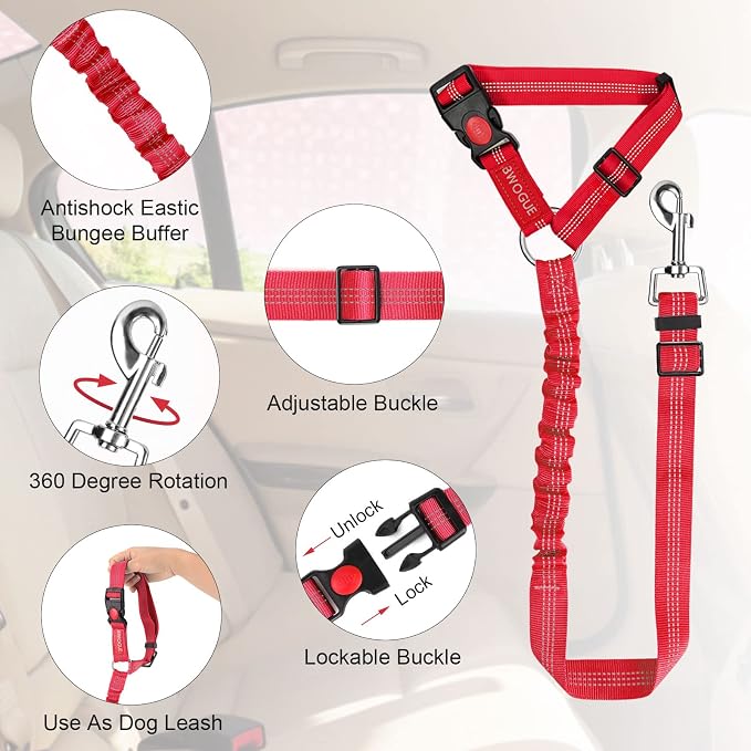 BWOGUE 2 Pack Dog Seat Belt for Car, Headrest Restraint Safety Straps | Headrest Loop, 18.9-27.5 in Adjustable, Bungee Buffer, 2 Pack Nylon Safety Straps, Use with Dog Harness, Dogs and Cats - Image 4