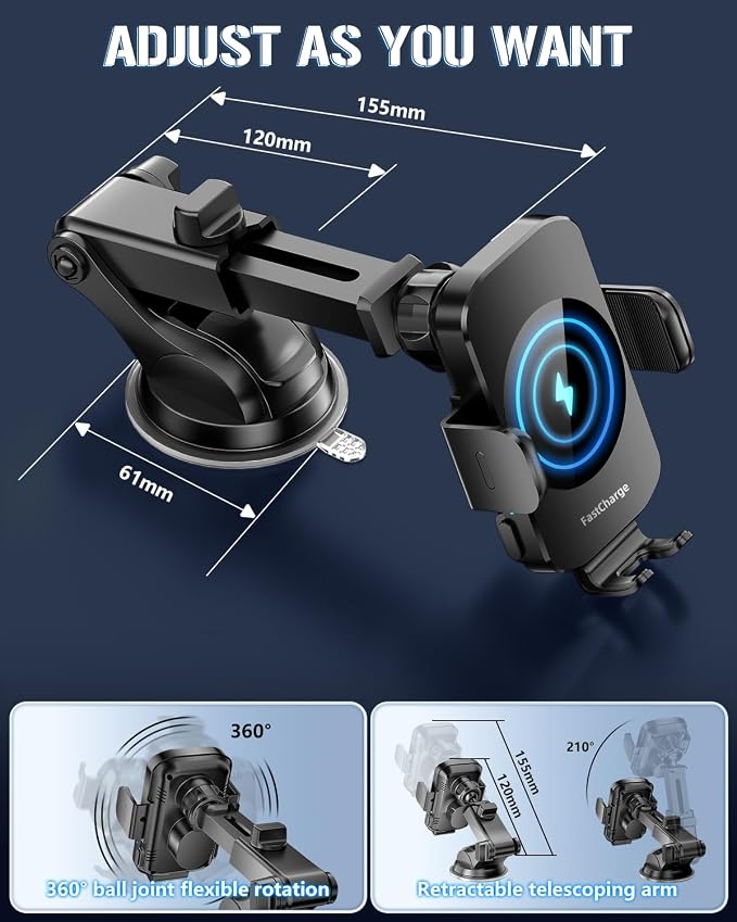 3-in-1 Wireless Car Charger Mount, 15W Fast Charging Auto-Clamping Phone Holder for iPhone 17 16 15 14, Samsung Galaxy S24 S23, Dashboard, Vent & Windshield Car Mount(Black) - Image 5