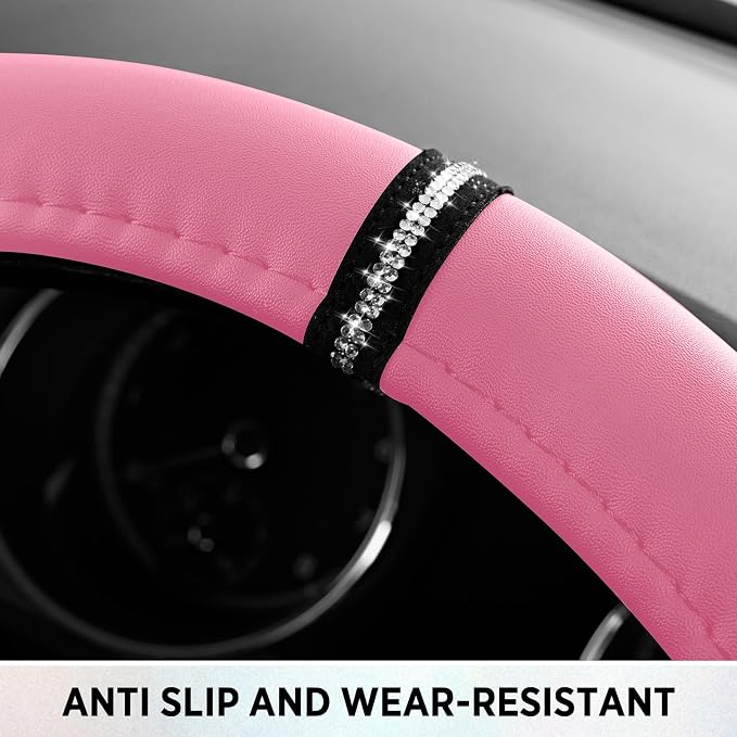 Road Comforts Leopard Steering Wheel Cover for Women, Cute Anti-Slip Microfiber Leather, Fits D Shape Flat Bottom Steering Wheel 14.5-15 Inch - Pink - Image 6