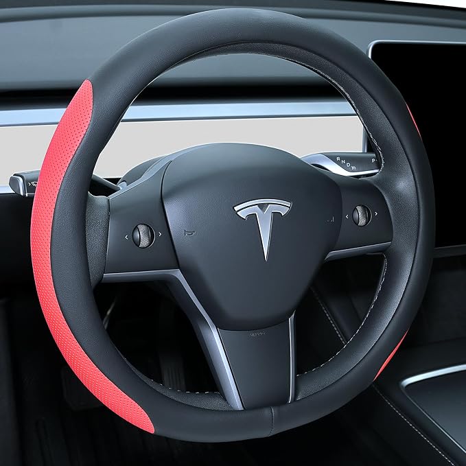 Uxcer Nappa Leather Steering Wheel Cover Compatible with Tesla Model 3/Y 2016-2025 2026 Juniper/Highland, Non-Slip Breathable Model 3/Y Steering Wheel Protector, Red by Uxcer