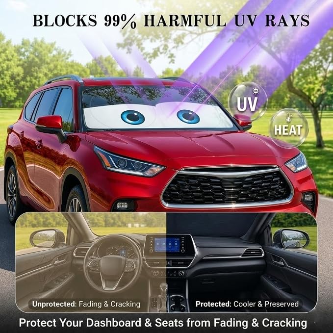 Car Windshield Sun Shade, Universal Fit Full-Size SUV Pickup, Cute Black | 63 x 33.86" Large Windshield Cover, Foldable Front Window Sunshade, UV Heat Protection, Cute Eyes Series - Image 3
