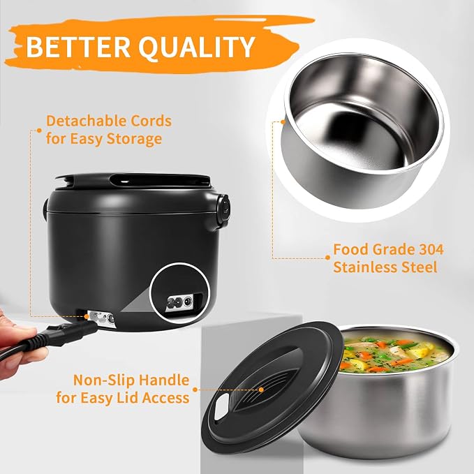 Electric Lunch Box, 32 oz Portable Food Warmer Heater, Lunch Warmer Portable for Work/Office/Car/Travel 12V/24V/110V 3-in-1, Warming Soup & Meal, Spill-Free, Men & Women's Gifts, Black - Image 7