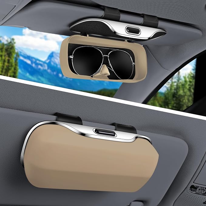Sunglass Holder for Car Visor, Car Sunglass Holder Case (Beige) | Push-button visor sunglass holder，Full Wrap Dustproof Sunglass Case with Anti-Scratch Lining, Suitable for Trucks, Sedans by Pakanana