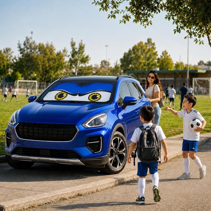 Car Windshield Sun Shade Umbrella, Universal Fit Mid-Large Sedans & SUVs | 57 x 31" Car Sun Visor, Foldable UV Heat Blocking Auto Sunshade with Rearview Mirror Cutout, Monster Blue Eyes - Image 7