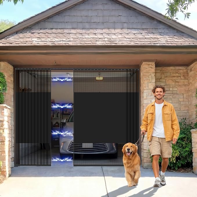 Frienda 12 x 7 ft Sliding Privacy Garage Door Screen 1 Car with Track Closure Retractable Magnetic Closure Heavy Duty Weighted Bottom Door Privacy Protection Curtain Keep Animals Out for Summer Garage by Frienda