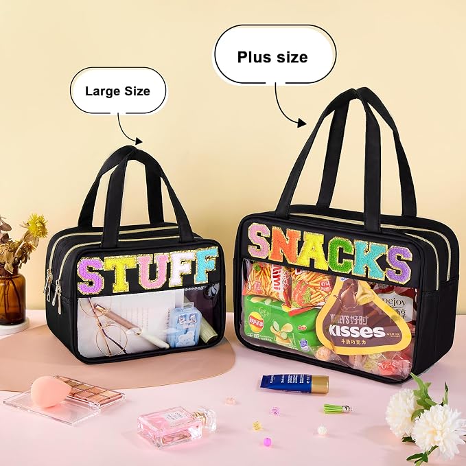 Clear Snack Bag, Zipper Travel Organizer Pouch Chenille Letter | Extra Large Capacity, Waterproof Easy Clean, 2 Separate Compartments, Ideal for Beach Gym Picnic, Office and Daily Carry - Image 2