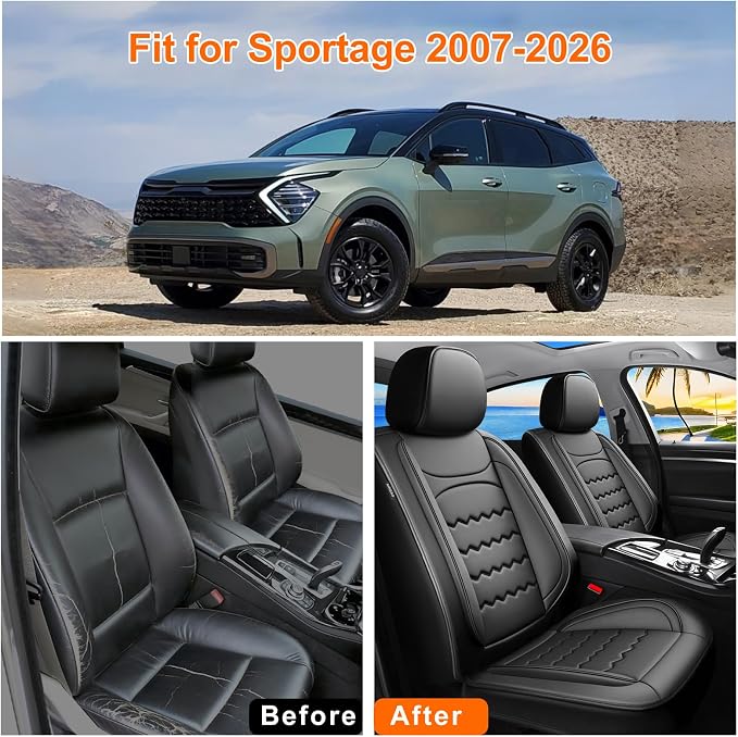 Car Seat Covers Compatible with Kia Sportage 2009-2025 2026, Full Coverage Leather Waterproof Breathable Seat Covers Full Set, Automotive Seat Protectors, Airbag Compatible(5 Seats, Black) - Image 6