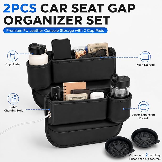 2 Pack Car Seat Gap Filler with Cup Holder – Anti-Drop Design | Universal PU Leather Seat Gap Organizer, Storage Box with Pockets & Cup Holders – Fits Most Vehicles - Image 2